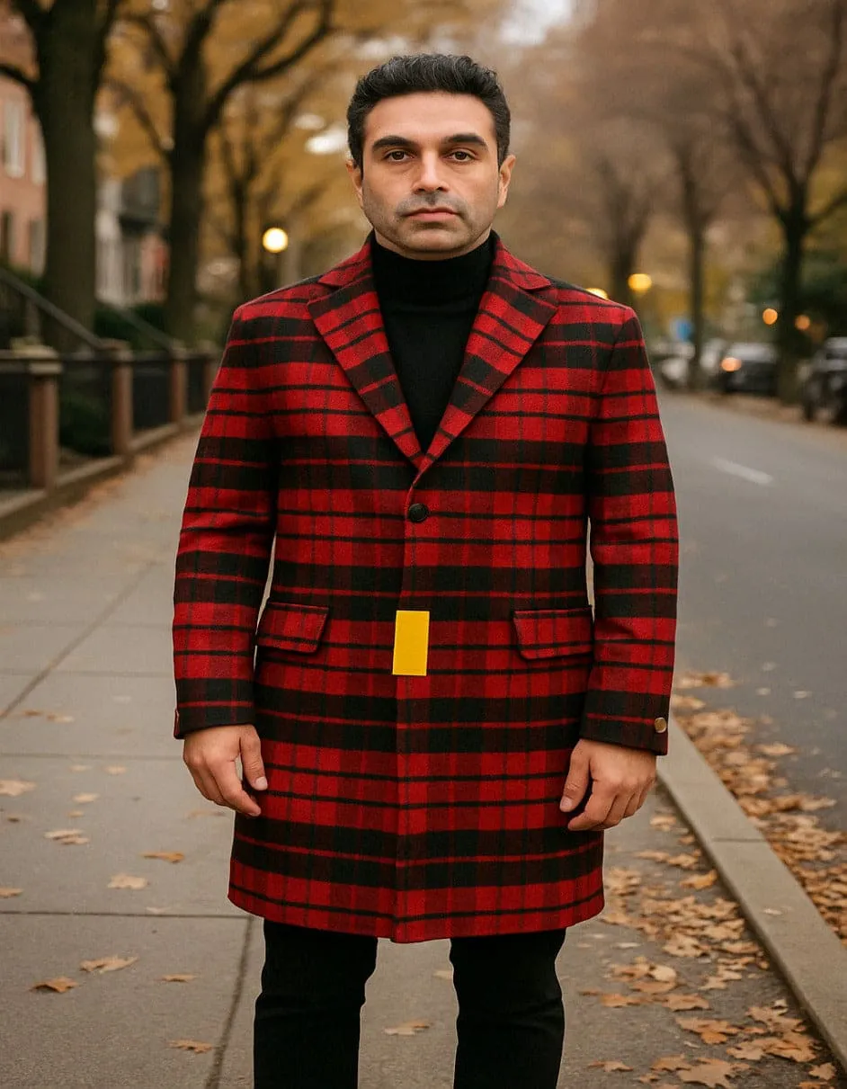 Mens Red and Black Plaid Wool Overcoat – Three Quarter Carcoat - Christmas Coat - Red Peacoat sold by Alberto Nardoni product image thumbnail 2