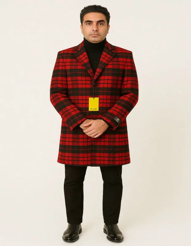 Mens Red and Black Plaid Wool Overcoat – Three Quarter Carcoat - Christmas Coat - Red Peacoat sold by Alberto Nardoni