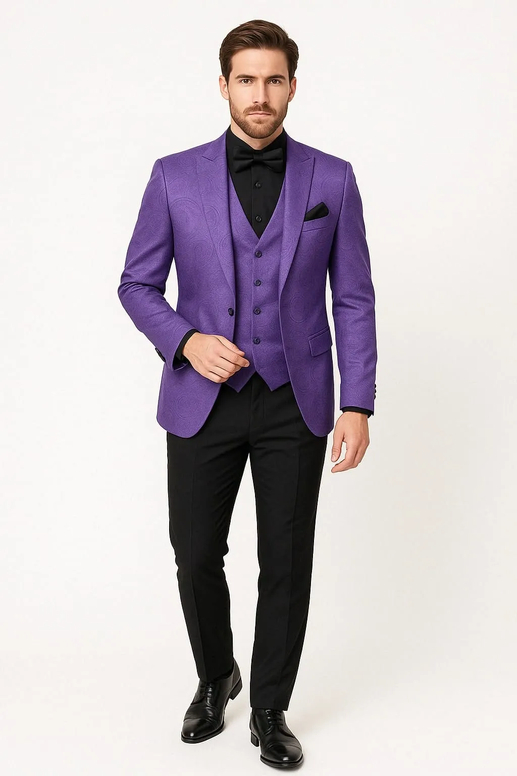 Men’s Purple Paisley Tuxedo Suit – 3 Piece Formal Set with Vest and Bow Tie sold by Alberto Nardoni product image thumbnail 2