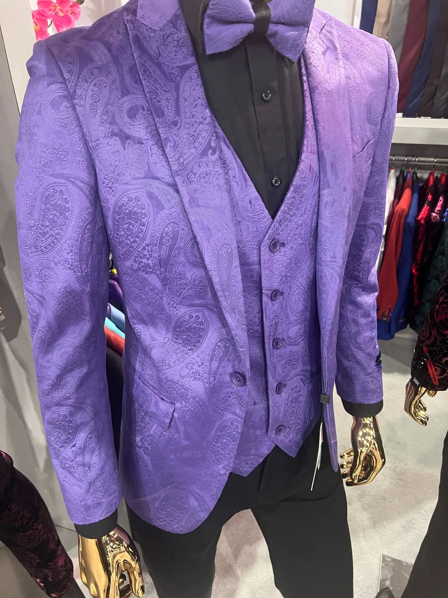 Men’s Purple Paisley Tuxedo Suit – 3 Piece Formal Set with Vest and Bow Tie sold by Alberto Nardoni product image thumbnail 3