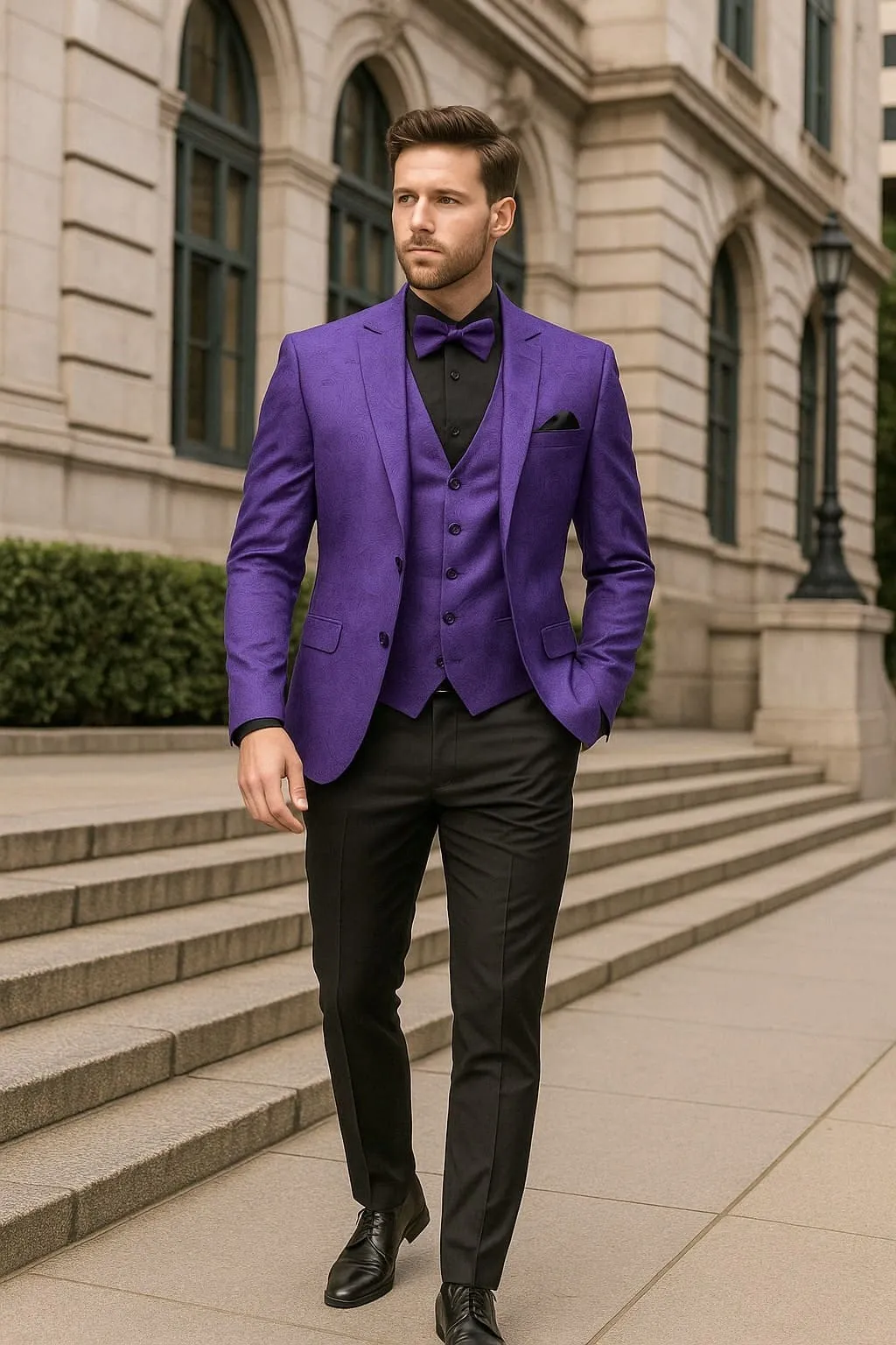 Men’s Purple Paisley Tuxedo Suit – 3 Piece Formal Set with Vest and Bow Tie sold by Alberto Nardoni