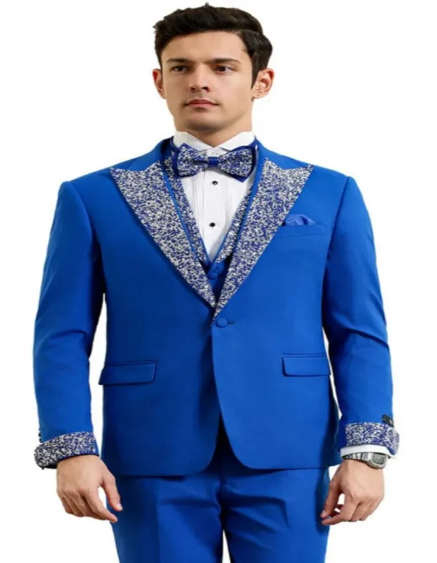 Royal and White Prom Tuxedo - Perfect Wedding Suit Vested rhinestone Lapelled sold by Alberto Nardoni