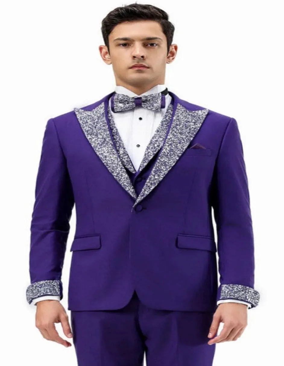 Purple and Silver Prom Tuxedo - Perfect Wedding Suit Vested rhinestone sequin Lapelled sold by Alberto Nardoni