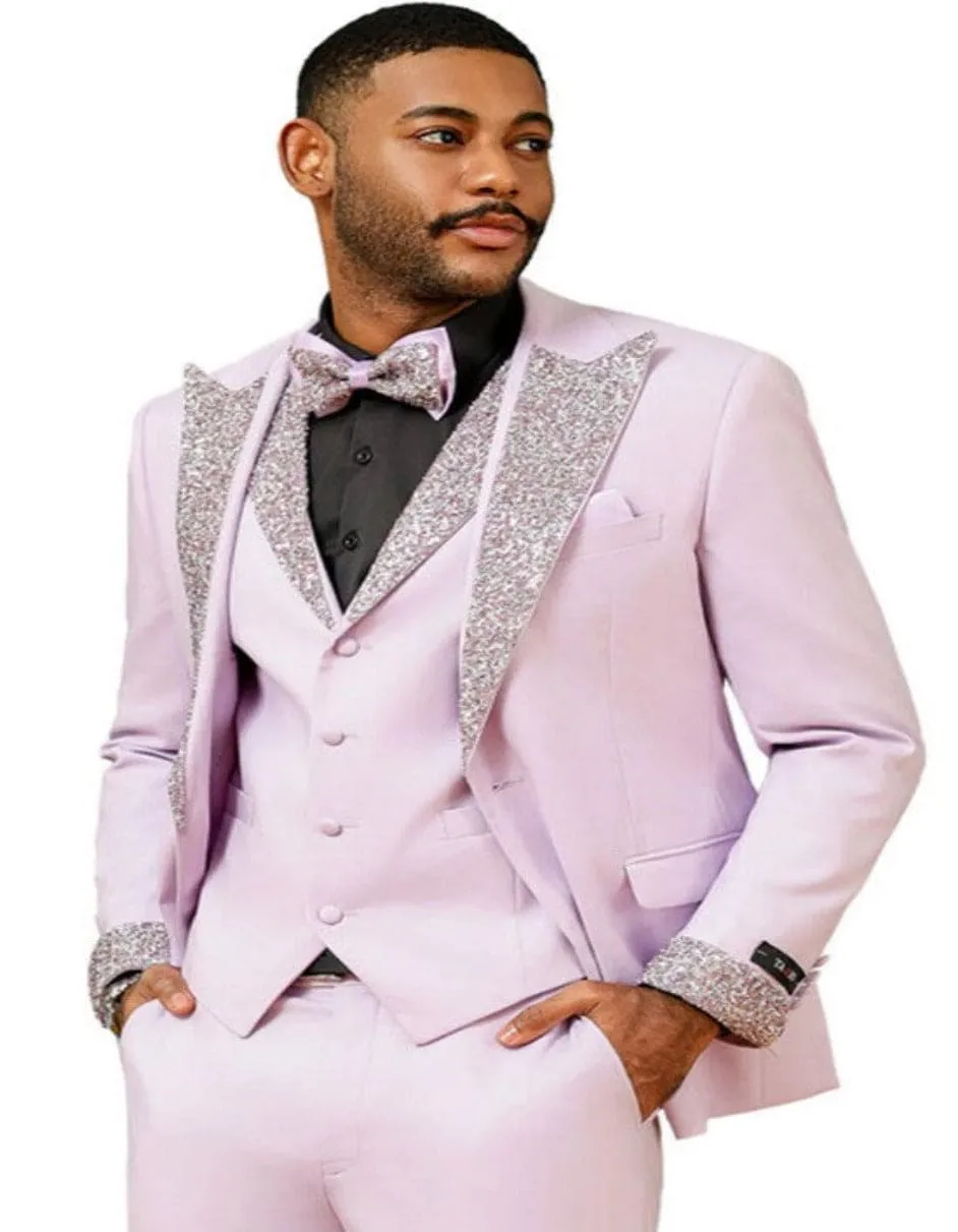 Gray and Pink Prom Tuxedo - Perfect Wedding Suit Vested rhinestone sequin Lapelled sold by Alberto Nardoni