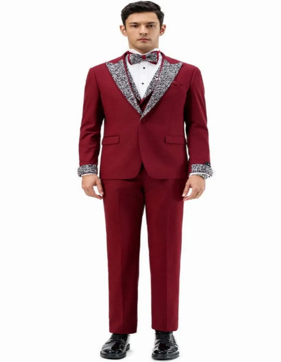 Dark Red - Maroon Wine Prom Tuxedo - Perfect Wedding Suit Vested rhinestone sequin Lapelled sold by Alberto Nardoni product image thumbnail 3