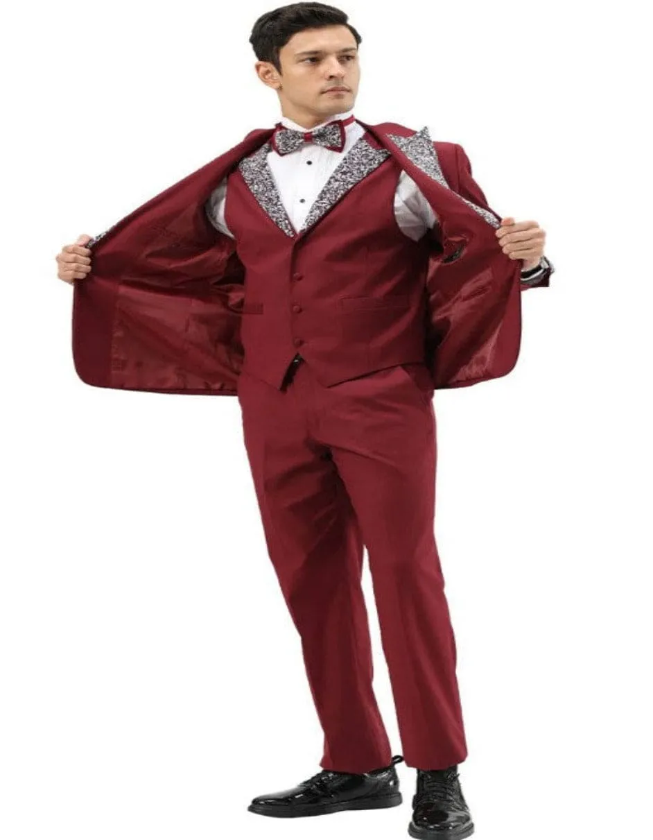 Dark Red - Maroon Wine Prom Tuxedo - Perfect Wedding Suit Vested rhinestone sequin Lapelled sold by Alberto Nardoni product image thumbnail 2