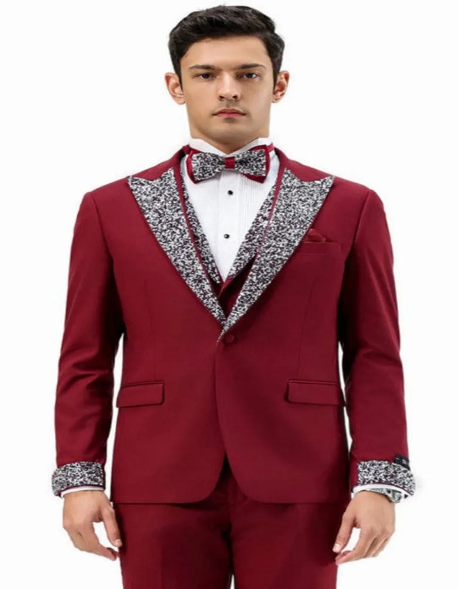 Dark Red - Maroon Wine Prom Tuxedo - Perfect Wedding Suit Vested rhinestone sequin Lapelled sold by Alberto Nardoni