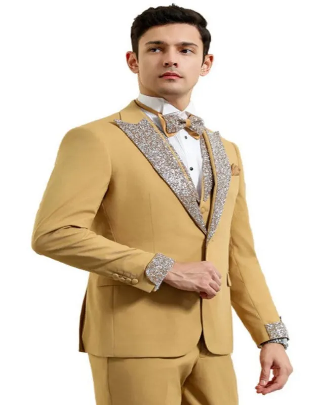 Gold Mustard Prom Tuxedo - Perfect Wedding Suit Vested rhinestone sequin Lapelled made by Alberto Nardoni