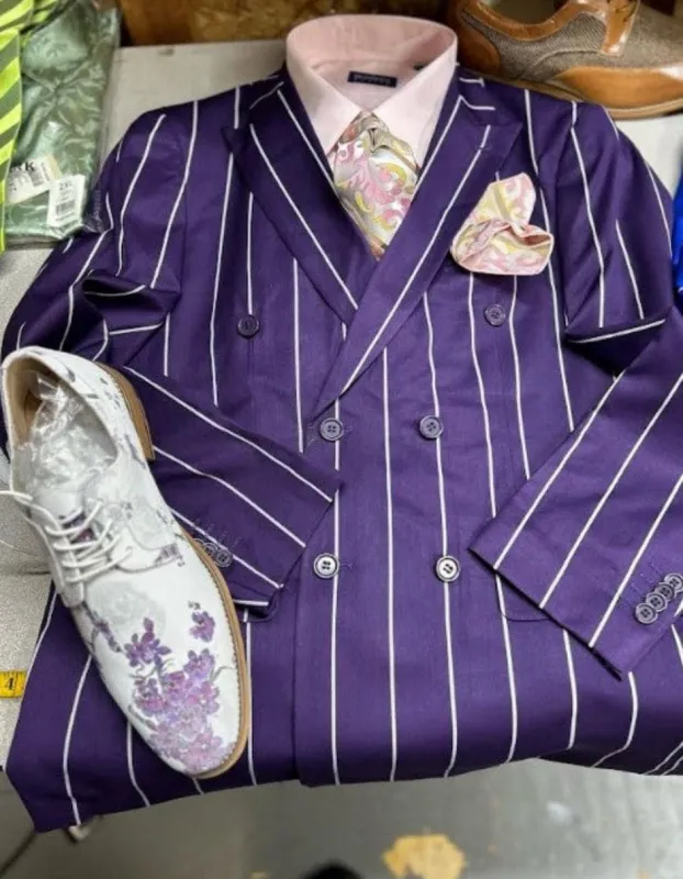 Mens Double Breasted Blazer Suit Jacket - Bold Pinstripe Sport Coat in Purple and White Pinstripe sold by Alberto Nardoni