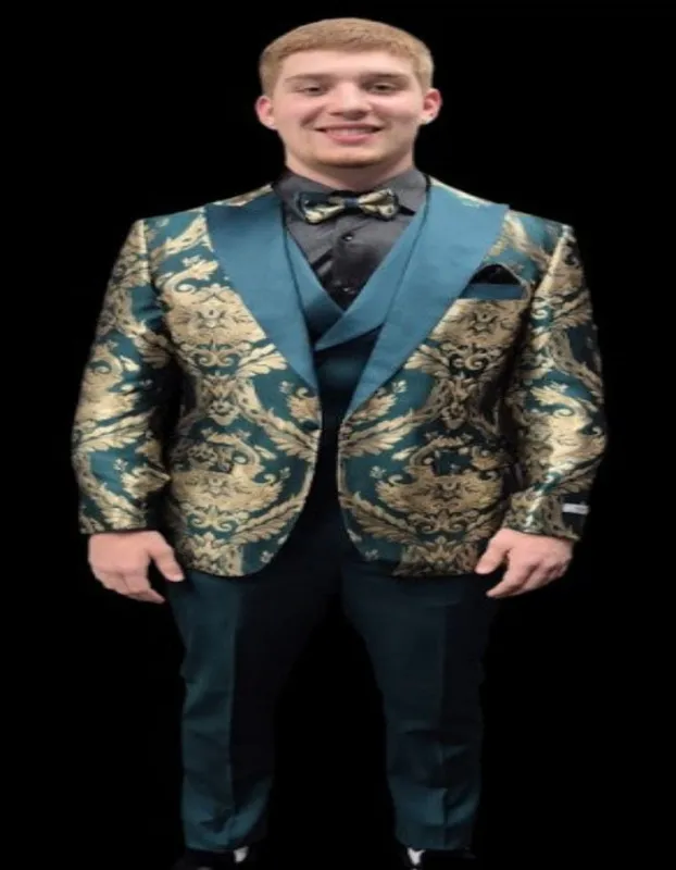Green and Gold Tuxedo Suit - Paisley Floral Wedding Vested Suits made by Alberto Nardoni