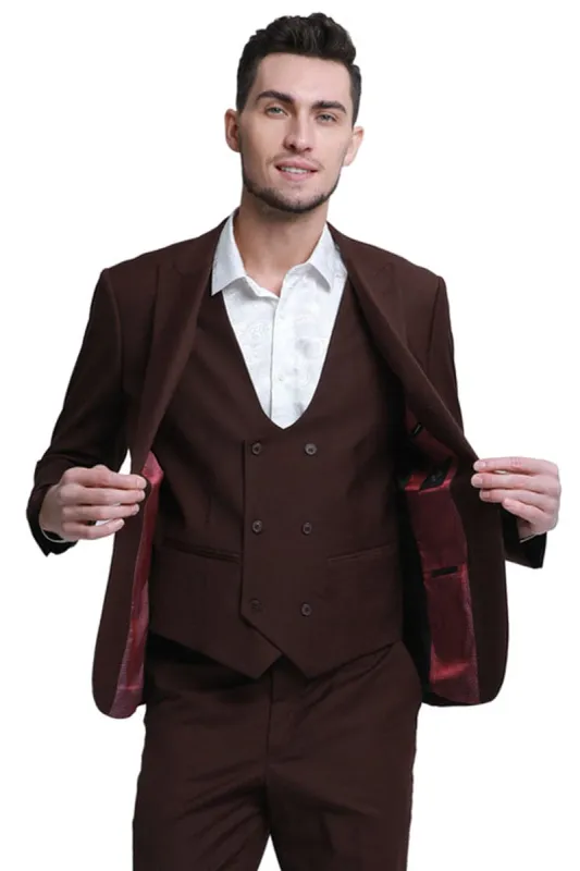 "Men's Slim Fit Wedding Suit - Double Breasted Brown Vest with Peak Lapel" sold by Alberto Nardoni