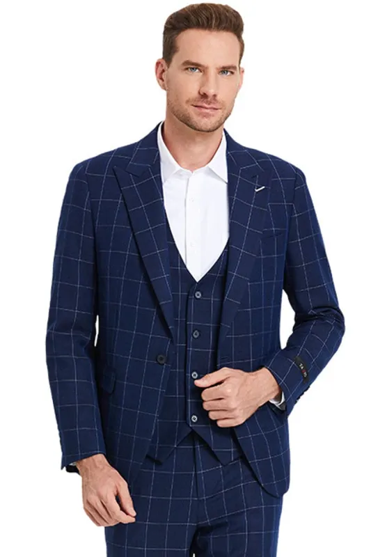 "Men's Navy Windowpane Plaid Suit - One Button Peak Lapel Vested" sold by Alberto Nardoni