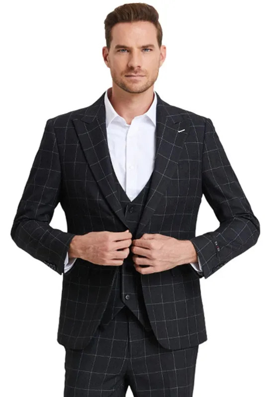 "Black Men's Plaid Suit - One Button Peak Lapel Vested Bold Chalk Windowpane" made by Alberto Nardoni