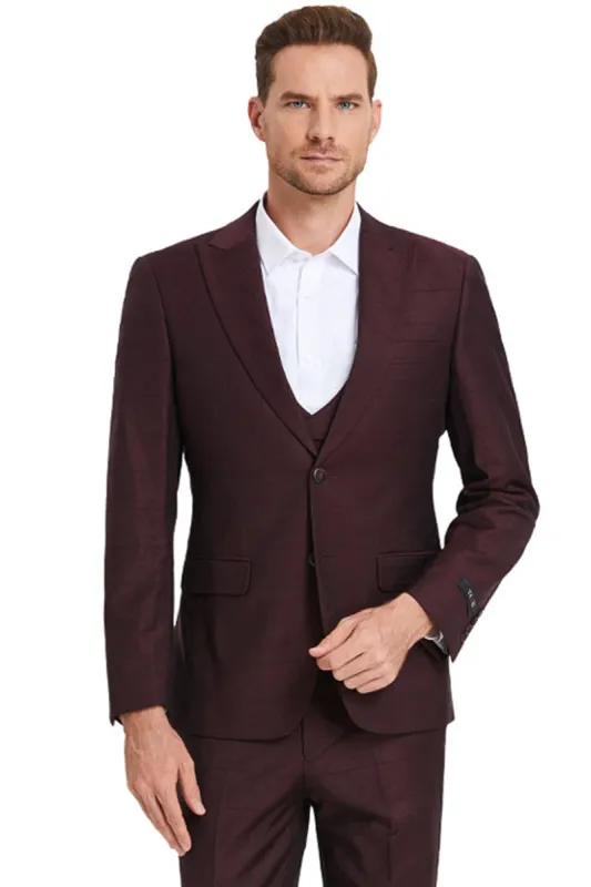 "Sharkskin Suit Men's - Burgundy Windowpane Plaid, Two Button Vested Peak Lapel" sold by Alberto Nardoni
