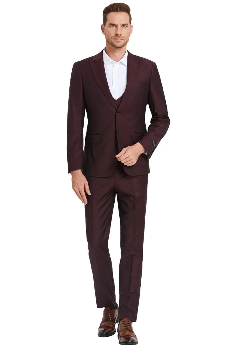 "Sharkskin Suit Men's - Burgundy Windowpane Plaid, Two Button Vested Peak Lapel" sold by Alberto Nardoni product image thumbnail 2