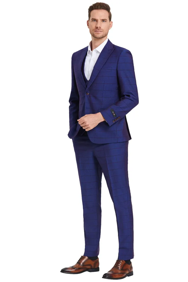 "Sharkskin Suit Men's - Indigo Blue Windowpane Plaid, Two Button Vested Peak Lapel" sold by Alberto Nardoni product image thumbnail 2