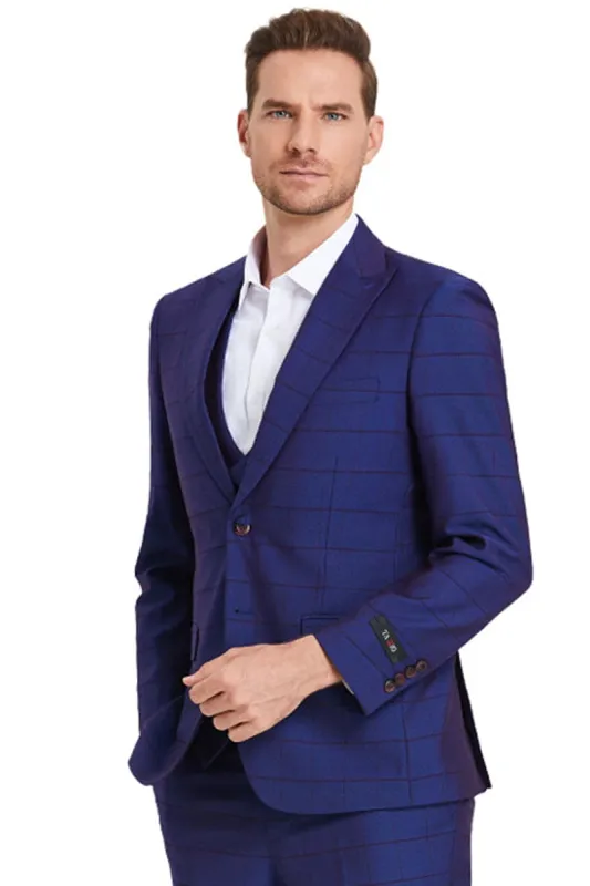 "Sharkskin Suit Men's - Indigo Blue Windowpane Plaid, Two Button Vested Peak Lapel" sold by Alberto Nardoni