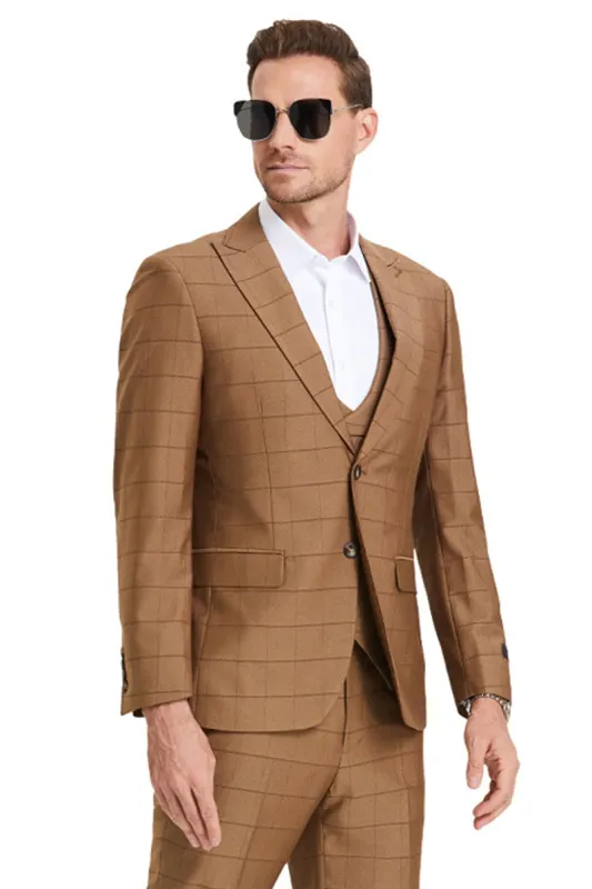 "Sharkskin Suit Men's Two Button Vested Peak Lapel in Camel Windowpane Plaid" made by Alberto Nardoni