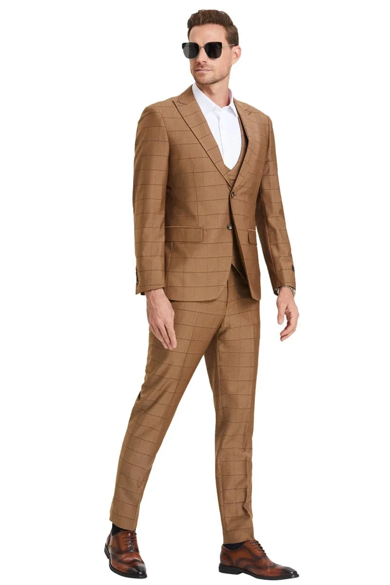 "Sharkskin Suit Men's Two Button Vested Peak Lapel in Camel Windowpane Plaid" sold by Alberto Nardoni product image thumbnail 2