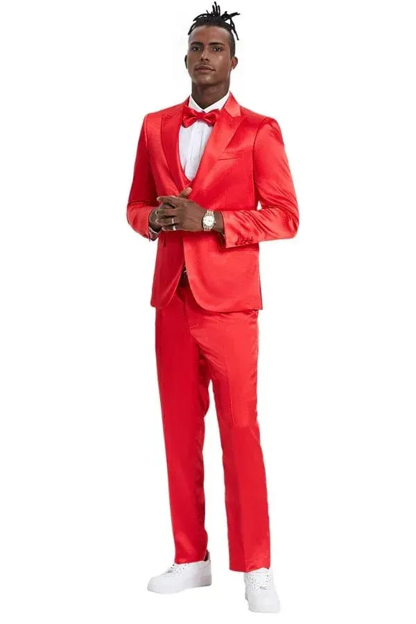 "Red Men's Sharkskin Satin Prom 2025 & Wedding Suit - One Button Vested" sold by Alberto Nardoni product image thumbnail 2