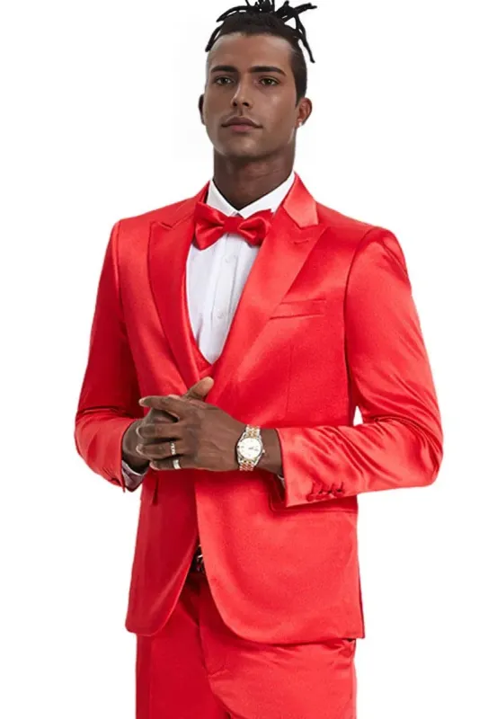 "Red Men's Sharkskin Satin Prom 2025 & Wedding Suit - One Button Vested" sold by Alberto Nardoni