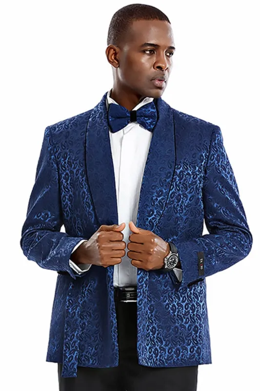 Navy Blue Paisley Men's Slim Fit Double Breasted Tuxedo Smoking Jacket for Prom 2025 & Wedding sold by Alberto Nardoni