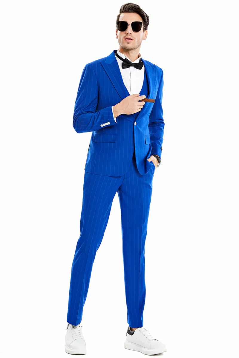 "Men's Royal Blue Pinstripe Suit - One Button Vested with Wide Peak Lapel" sold by Alberto Nardoni product image thumbnail 2