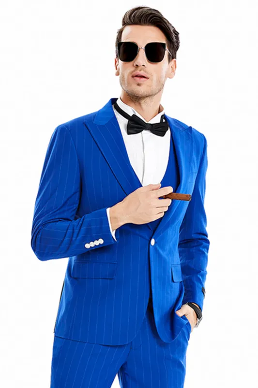 "Men's Royal Blue Pinstripe Suit - One Button Vested with Wide Peak Lapel" sold by Alberto Nardoni