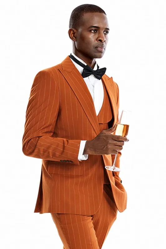 "Orange Rust Men's Pinstripe Suit - One Button Vested Wide Peak Lapel" made by Alberto Nardoni