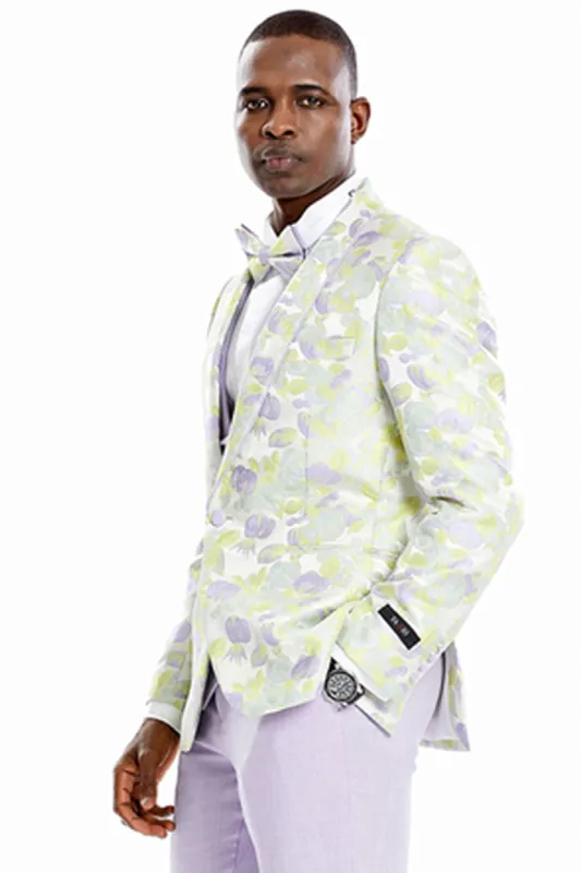 "Lilac Men's Floral Print Wedding Tuxedo Suit - One Button Vested Dinner Jacket" sold by Alberto Nardoni