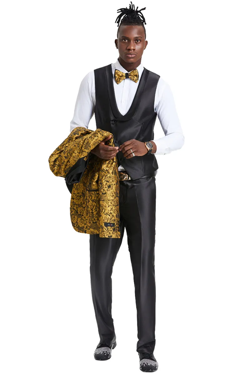 "Gold Paisley Floral Men's Slim Fit Prom 2026 Tuxedo - One Button Vested" sold by Alberto Nardoni product image thumbnail 3