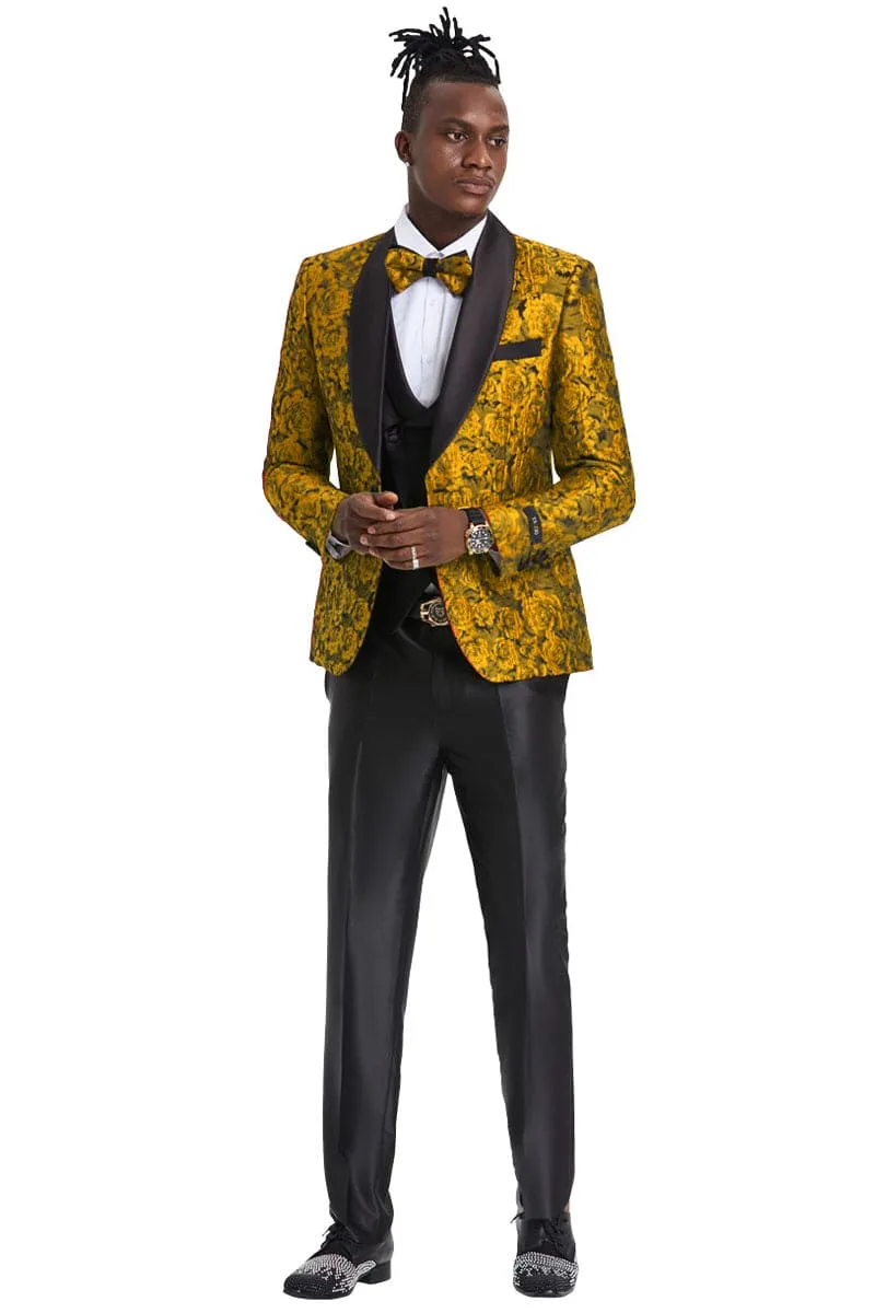 "Gold Paisley Floral Men's Slim Fit Prom 2026 Tuxedo - One Button Vested" sold by Alberto Nardoni product image thumbnail 2