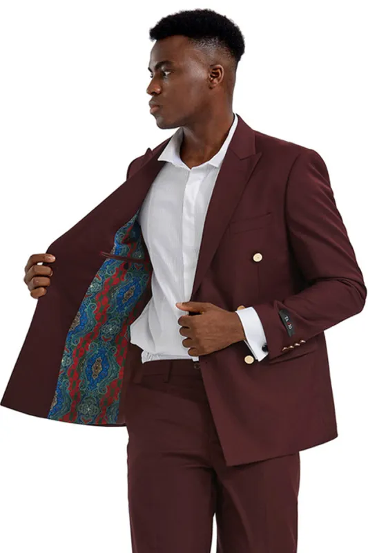 "Burgundy Men's Slim Fit Wedding Suit - Double Breasted with Gold Buttons" sold by Alberto Nardoni