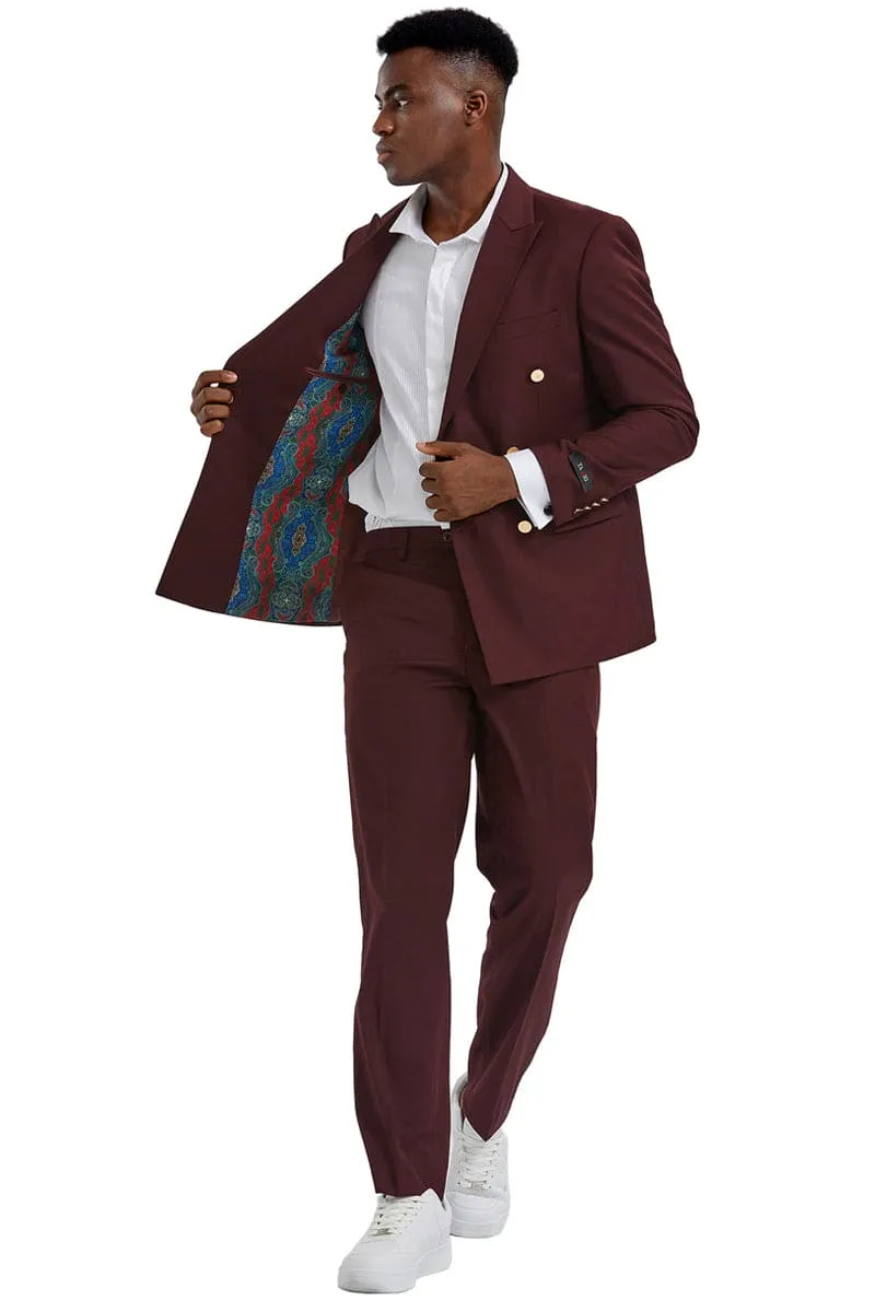 "Burgundy Men's Slim Fit Wedding Suit - Double Breasted with Gold Buttons" sold by Alberto Nardoni product image thumbnail 2