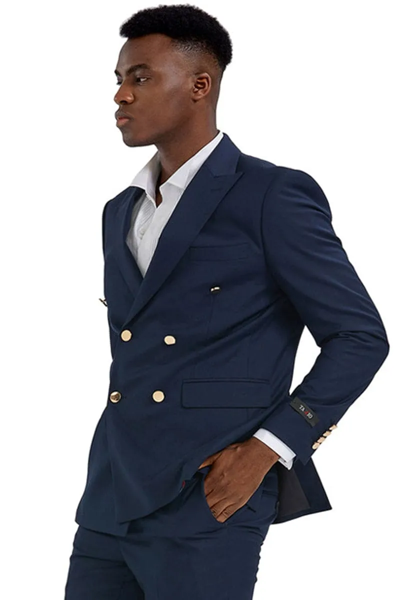 "Navy Men's Slim Fit Double Breasted Wedding Suit with Gold Buttons" sold by Alberto Nardoni