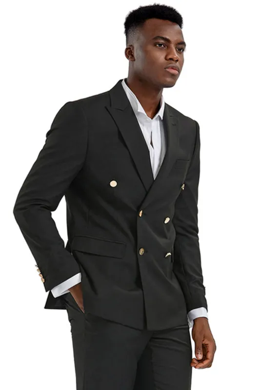 "Black Men's Slim Fit Wedding Suit - Double Breasted with Gold Buttons" sold by Alberto Nardoni