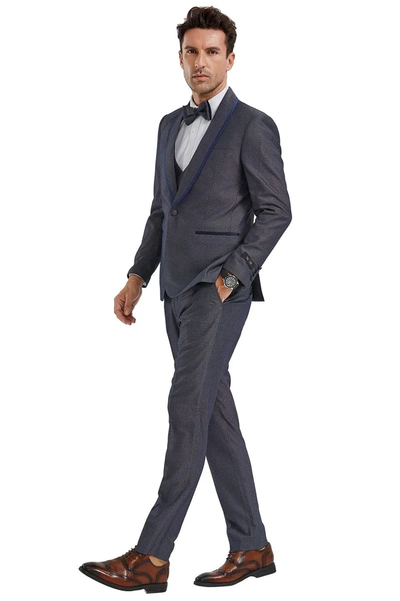 "Grey Birdseye Men's Shawl Tuxedo with Blue Trim - One Button Vested" sold by Alberto Nardoni product image thumbnail 2