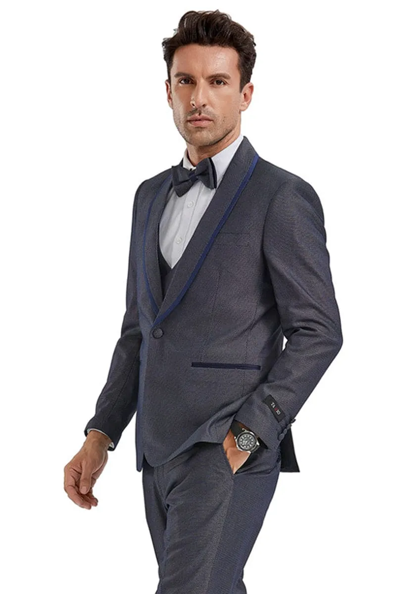 "Grey Birdseye Men's Shawl Tuxedo with Blue Trim - One Button Vested" sold by Alberto Nardoni