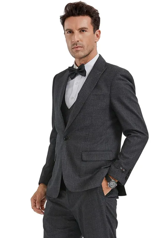 "Charcoal Sharkskin Men's Slim Fit Suit with Peak Lapel & Double Breasted Vest" sold by Alberto Nardoni