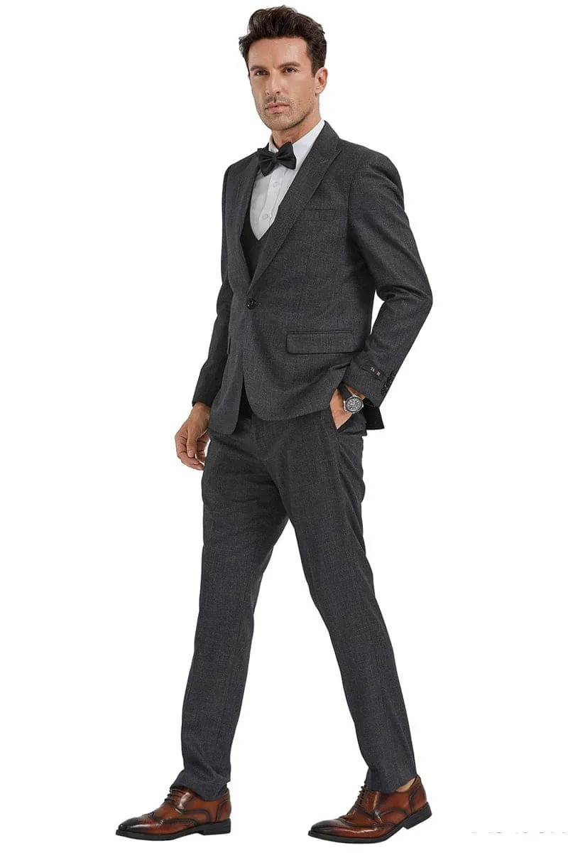 "Charcoal Sharkskin Men's Slim Fit Suit with Peak Lapel & Double Breasted Vest" sold by Alberto Nardoni product image thumbnail 2