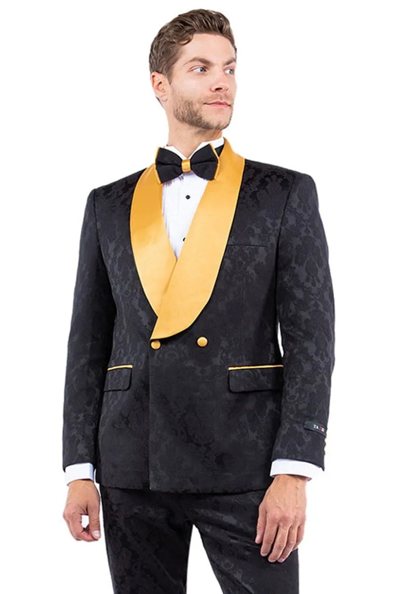 "Men's Slim Fit Paisley Smoking Jacket - Double Breasted Black & Gold Tuxedo" sold by Alberto Nardoni