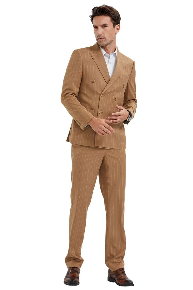 "Men's Slim Fit Pinstripe Suit - Double Breasted Bold Gangster, Camel" sold by Alberto Nardoni product image thumbnail 2