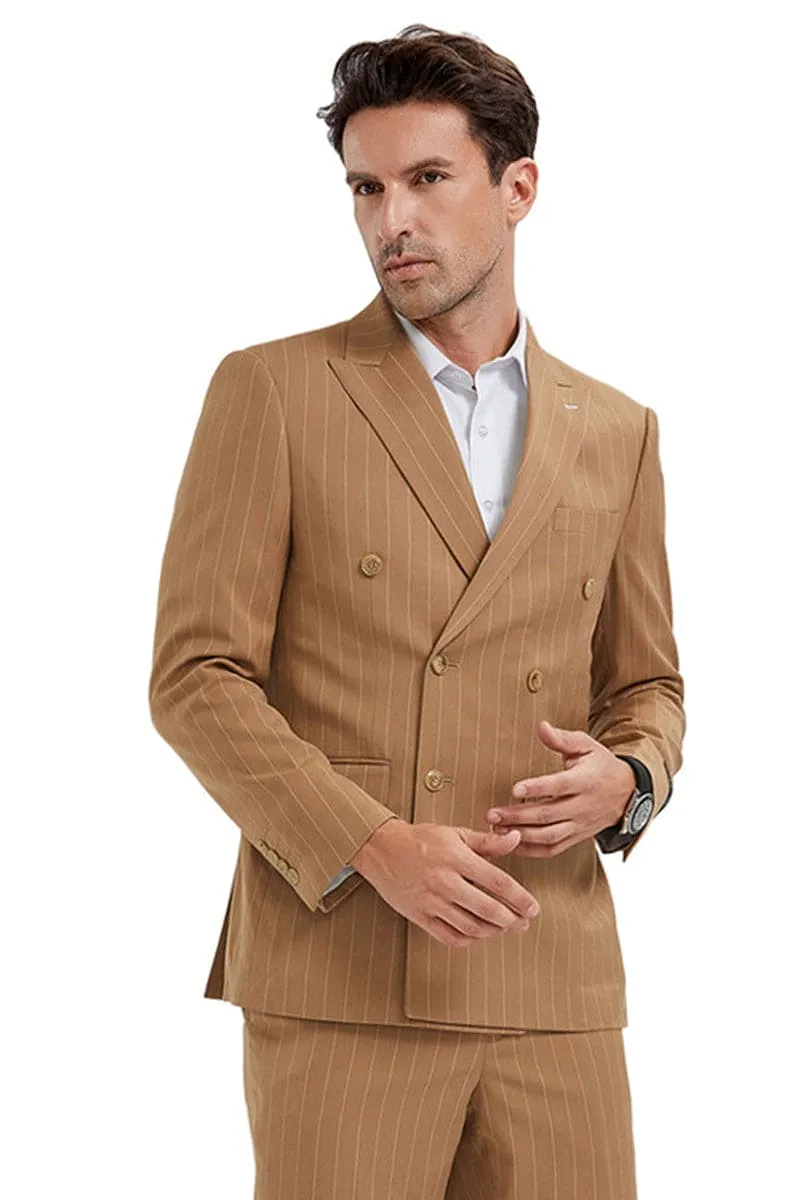 "Men's Slim Fit Pinstripe Suit - Double Breasted Bold Gangster, Camel" sold by Alberto Nardoni
