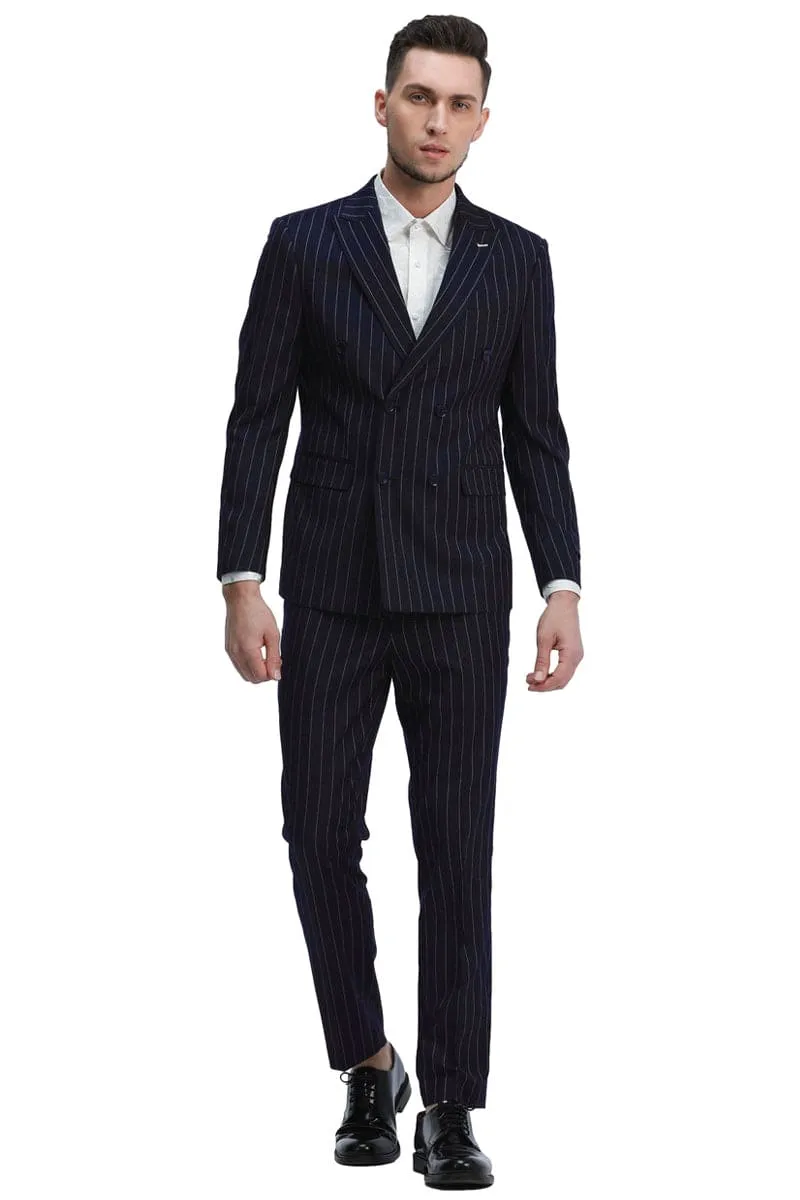 "Men's Slim Fit Pinstripe Suit - Double Breasted Navy Gangster Style" sold by Alberto Nardoni product image thumbnail 2