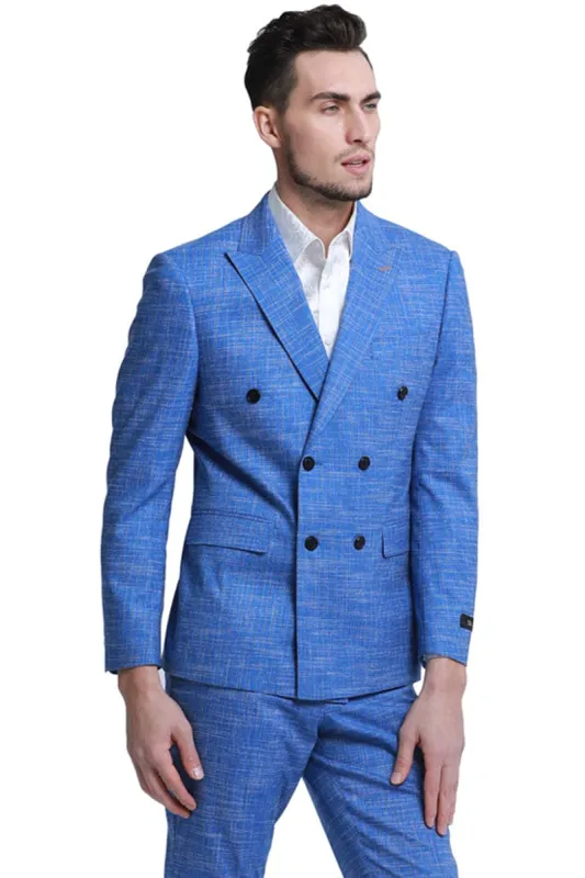 "Men's Slim Fit Sharkskin Suit - Double Breasted French Blue Summer" made by Alberto Nardoni