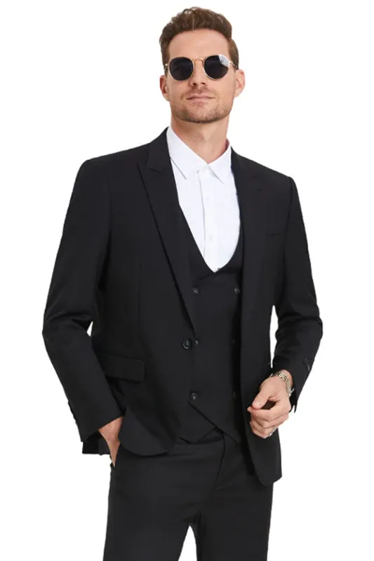 "Black Slim Fit Men's Wedding Suit - One Button Peak Lapel Vest" sold by Alberto Nardoni