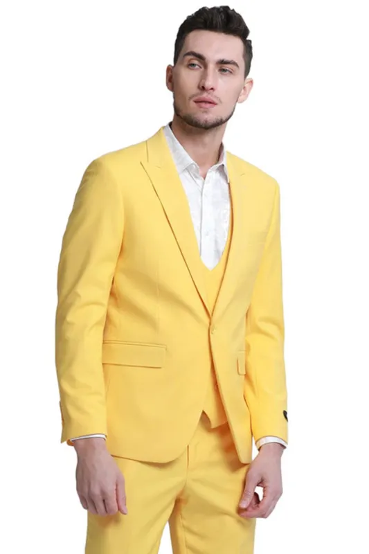"Yellow Men's Slim Fit Wedding Suit - Peak Lapel Double Breasted Vest" sold by Alberto Nardoni