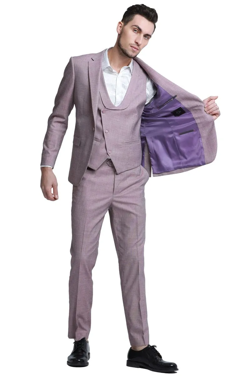 "Rose Pink Sharkskin Wedding Suit: Men's Slim Fit Double Breasted Vest" sold by Alberto Nardoni product image thumbnail 2