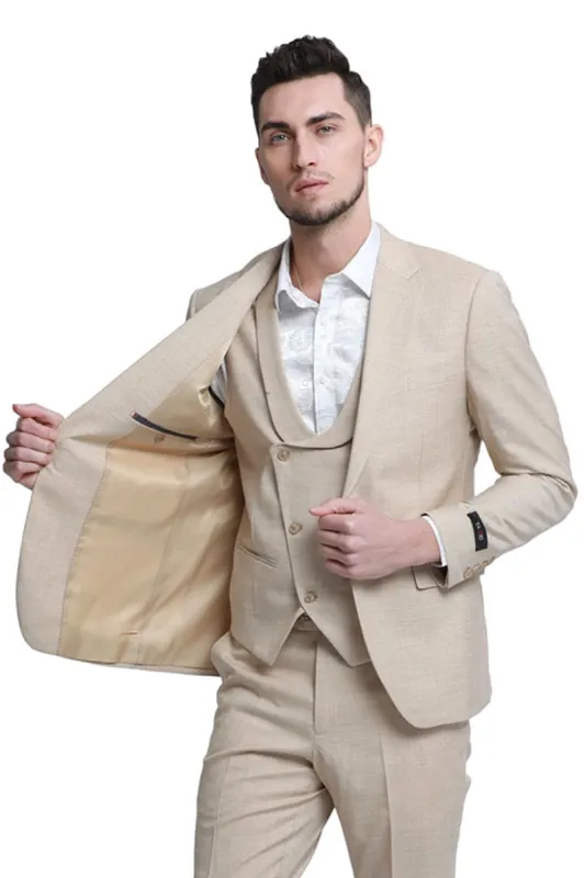 "Sharkskin Wedding Suit: Men's Slim Fit Double Breasted Vest in Khaki" sold by Alberto Nardoni