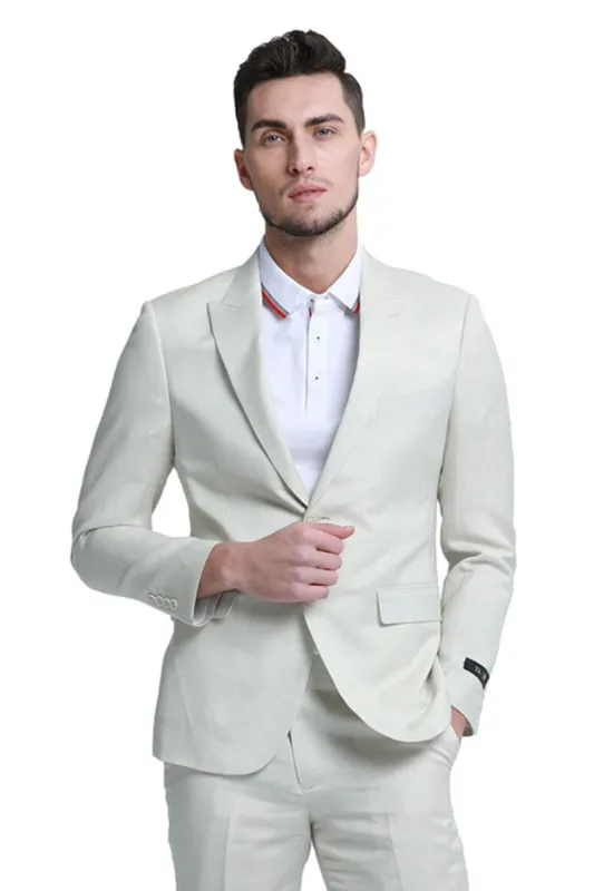 "Men's Summer Linen Beach Wedding Suit - Two Button Peak Lapel in Ivory" sold by Alberto Nardoni